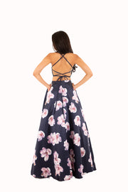 'JOEY' Two-Piece Strap Open Back Satin Aline | Floral/Navy