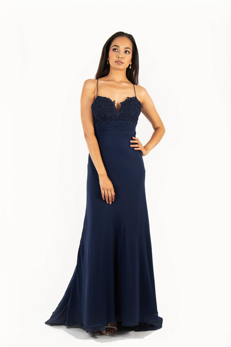 'ANNA' Lace Applique Sweetheart Chiffon Flare-Cut | Navy