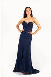 'ANNA' Lace Applique Sweetheart Chiffon Flare-Cut | Navy