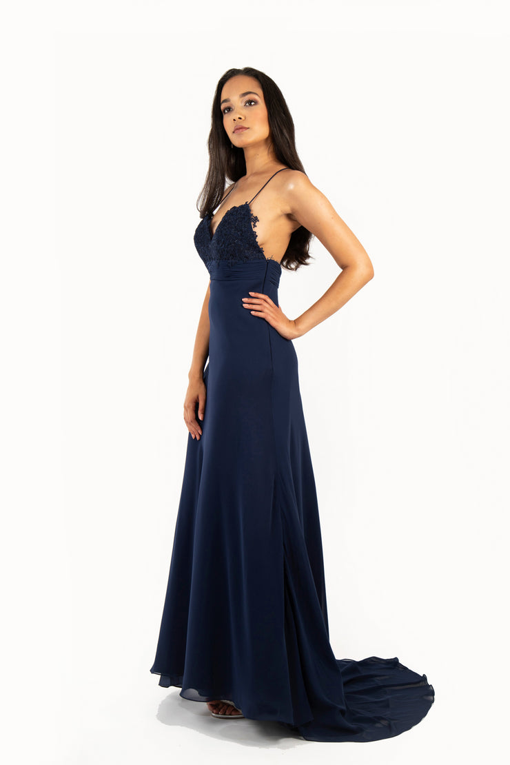 'ANNA' Lace Applique Sweetheart Chiffon Flare-Cut | Navy