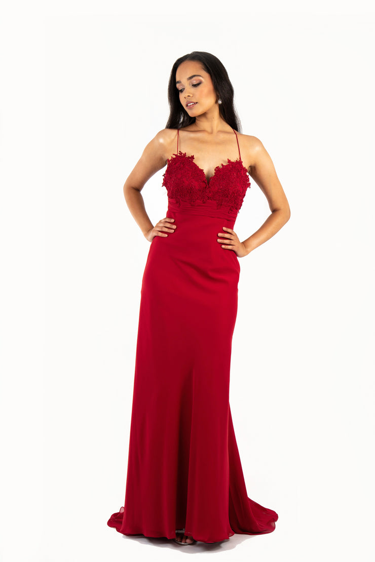 'ANNA' Lace Applique Sweetheart Chiffon Flare-Cut | Wine Red