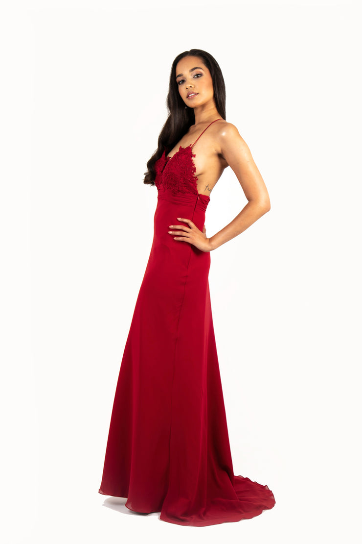 'ANNA' Lace Applique Sweetheart Chiffon Flare-Cut | Wine Red