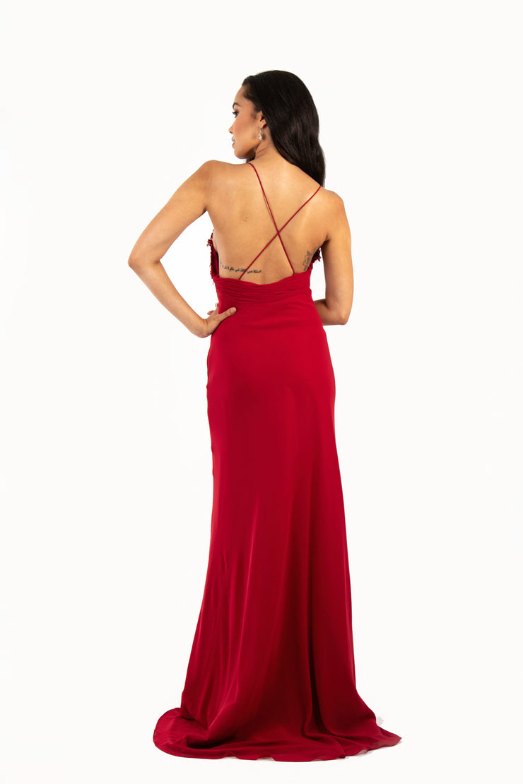 'ANNA' Lace Applique Sweetheart Chiffon Flare-Cut | Wine Red