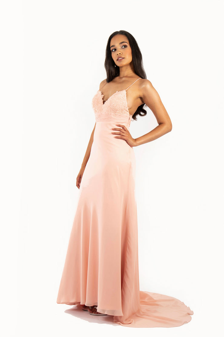 'ANNA' Lace Applique Sweetheart Chiffon Flare-Cut | Blush