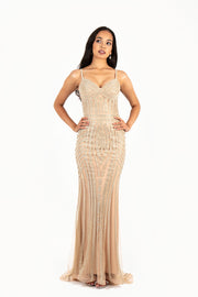 'STELLA' Diamante Mesh Fitted Dress with Straps | Gold