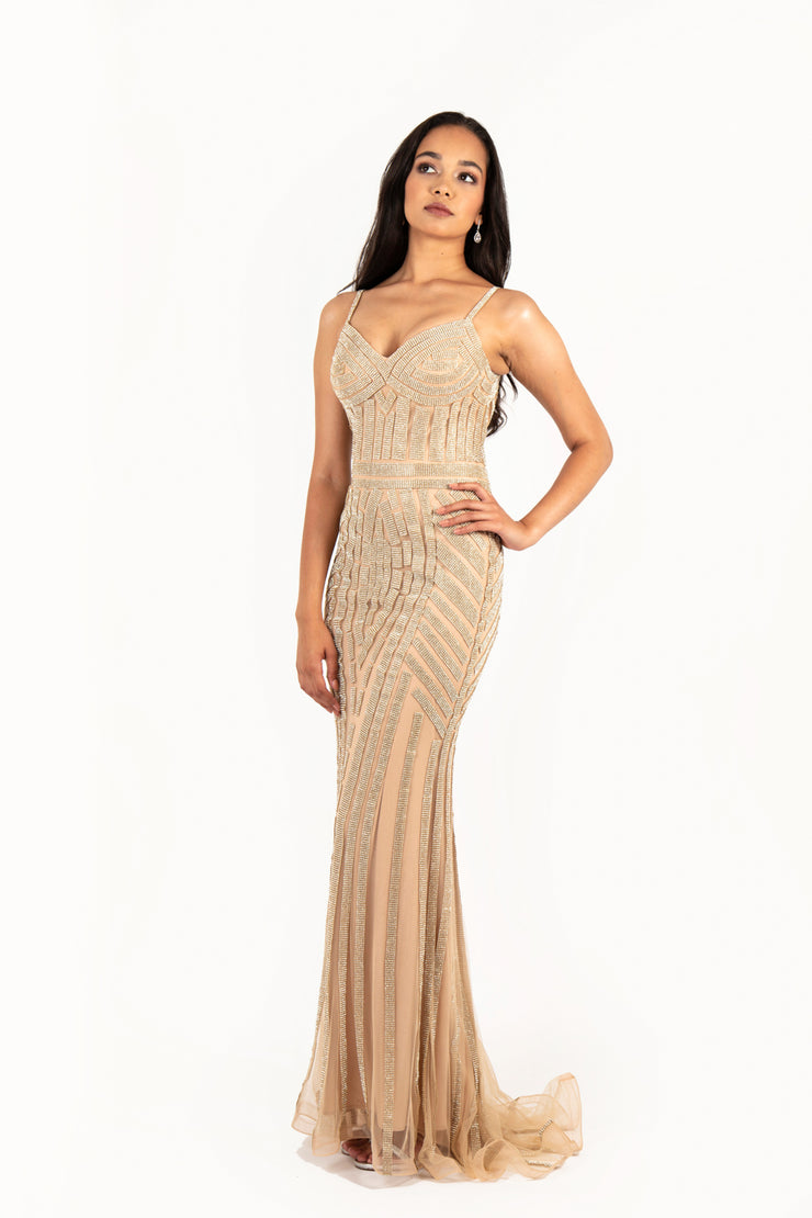 'STELLA' Diamante Mesh Fitted Dress with Straps | Gold