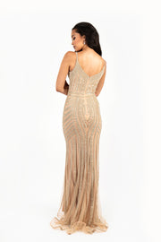 'STELLA' Diamante Mesh Fitted Dress with Straps | Gold