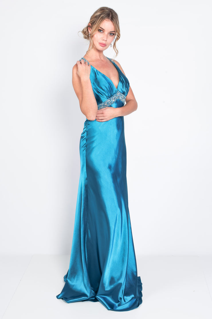 'VICKY' Satin Beaded Strappy Open Back Train | Turquoise