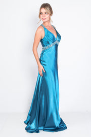 'VICKY' Satin Beaded Strappy Open Back Train | Turquoise