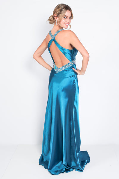 'VICKY' Satin Beaded Strappy Open Back Train | Turquoise