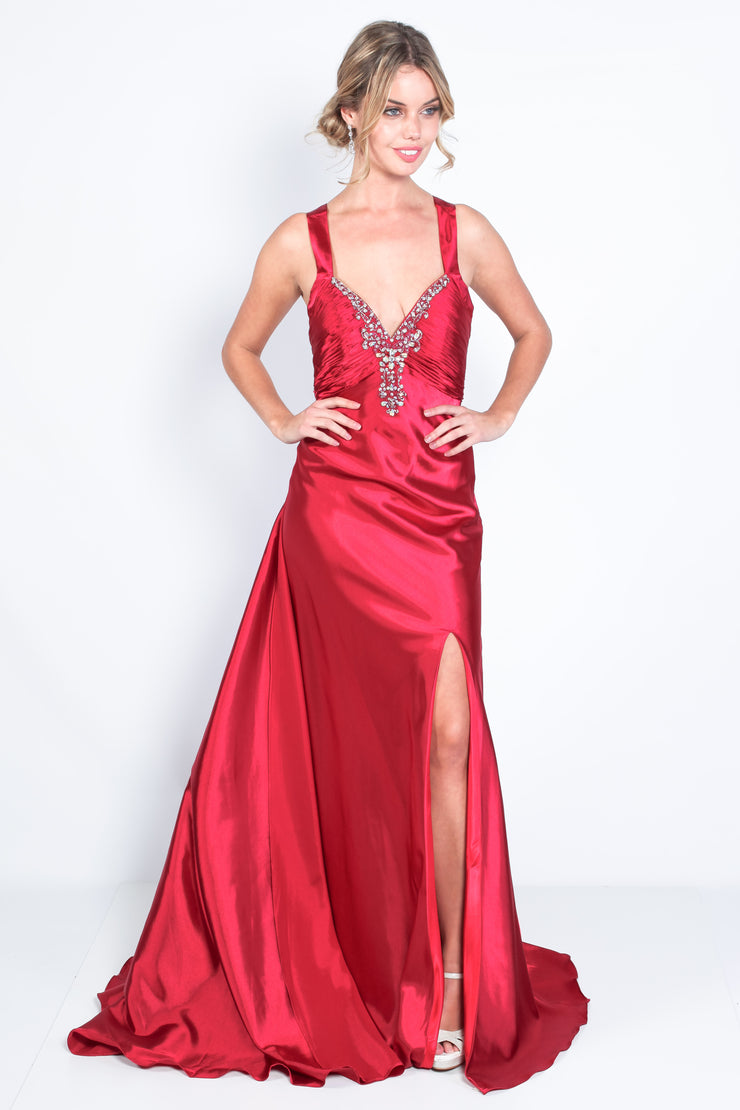 'BUTTERFLY' Satin Beaded Open Back Fitted Train | Wine Red