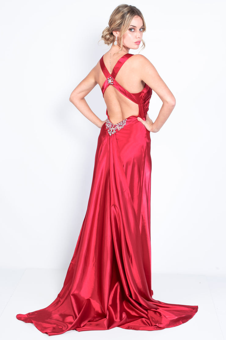 'BUTTERFLY' Satin Beaded Open Back Fitted Train | Wine Red