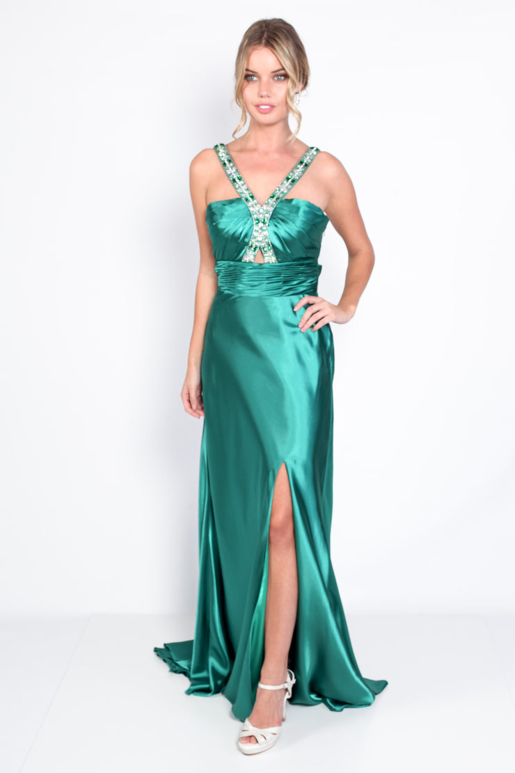 'BEE' Beaded Strappy Satin Fitted Train Dress | Emerald Green