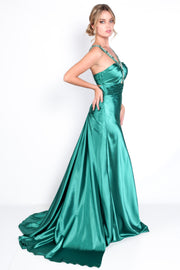 'BEE' Beaded Strappy Satin Fitted Train Dress | Emerald Green