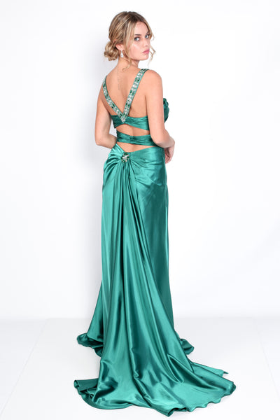 'BEE' Beaded Strappy Satin Fitted Train Dress | Emerald Green