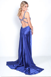 'STRAGLIA' Beaded Strappy Open Back Satin Train | Royal Blue