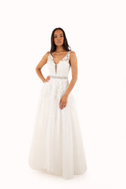 'WILLOW' - Beaded Lace Applique Tulle A-Line - White