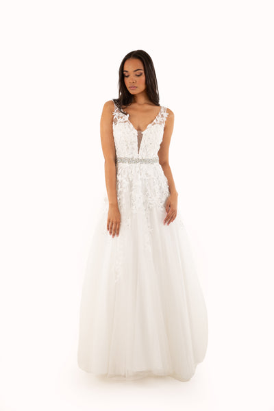 'WILLOW' - Beaded Lace Applique Tulle A-Line - White
