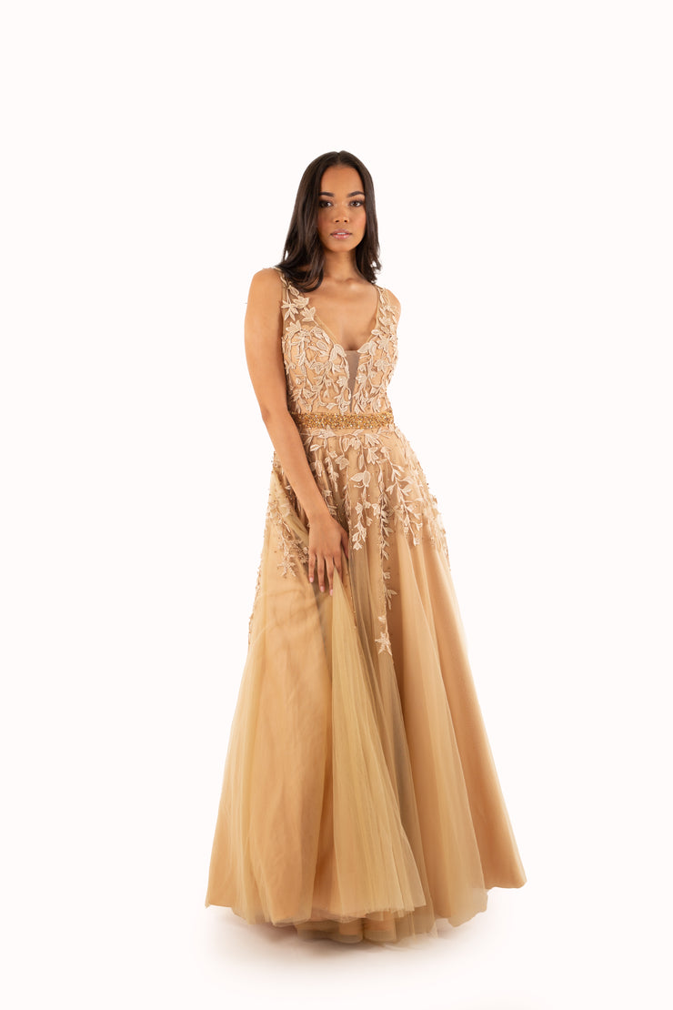 'WILLOW' Beaded Lace Applique Tulle A-Line | Antique Gold