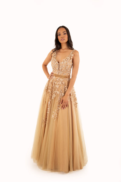 'WILLOW' Beaded Lace Applique Tulle A-Line | Antique Gold