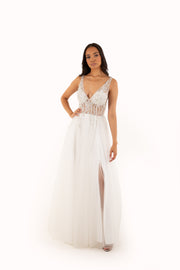 'SCARLETT' Beaded Mesh Tulle A-Line with Slit | White