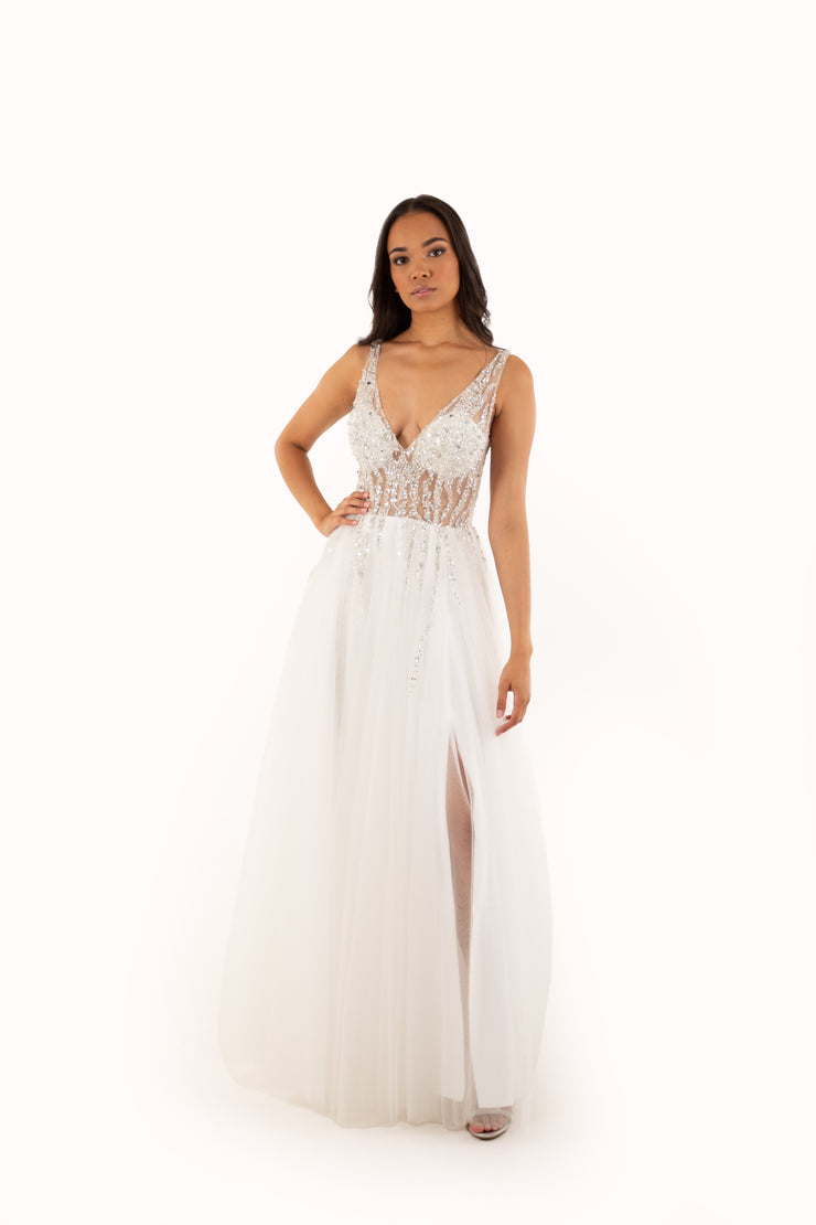 'SCARLETT' Beaded Mesh Tulle A-Line with Slit | White