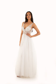 'SCARLETT' Beaded Mesh Tulle A-Line with Slit | White