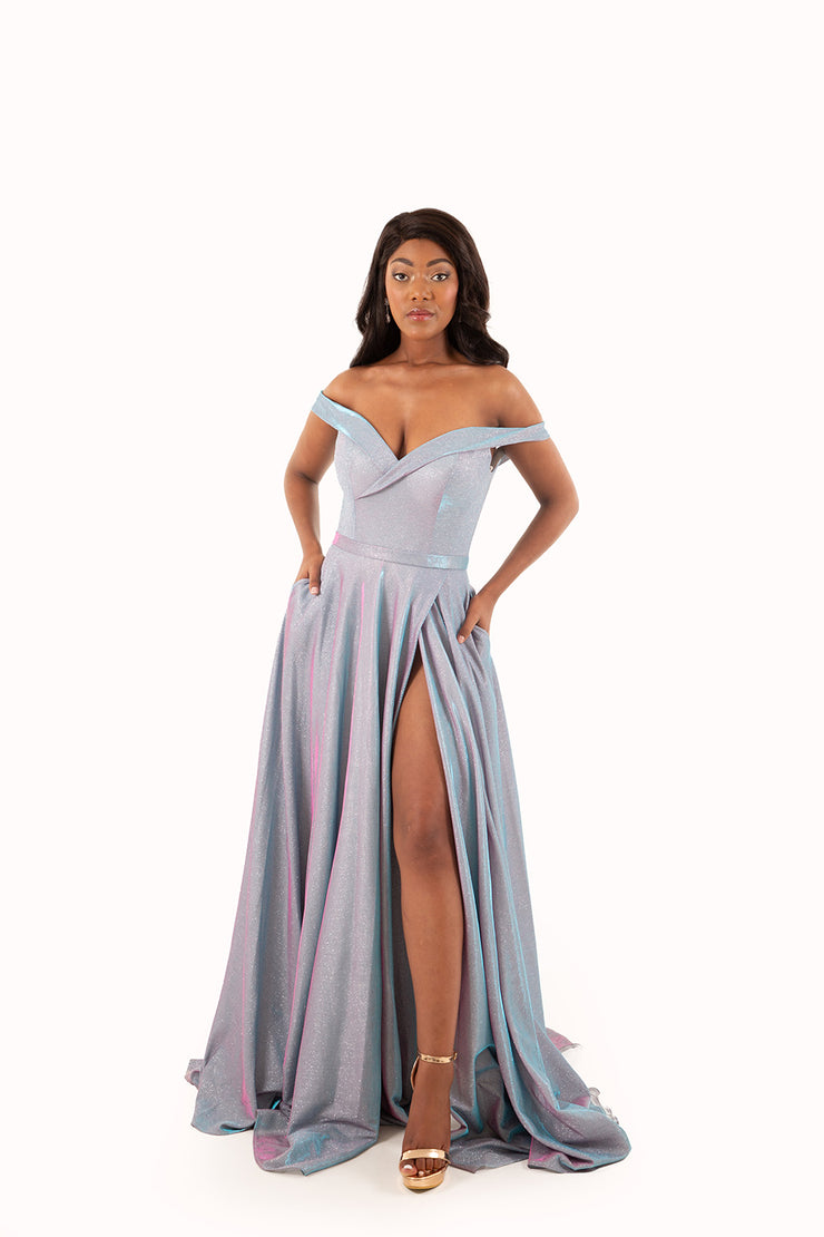 'BELLE' Off Shoulder Sweetheart Empire Train | Glitter Blue/Pink