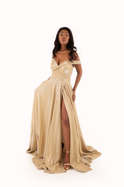 'BELLE' Off Shoulder Sweetheart Empire Train Dress | Glitter Gold