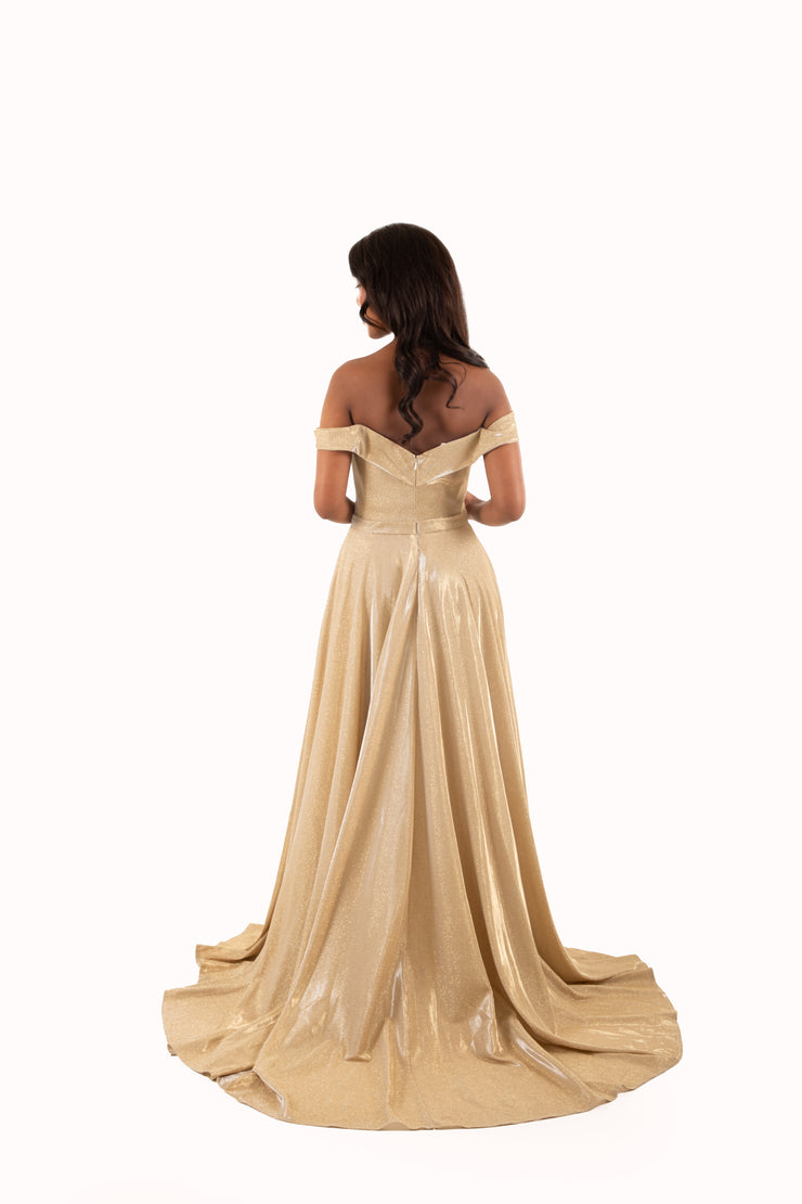 'BELLE' Off Shoulder Sweetheart Empire Train Dress | Glitter Gold