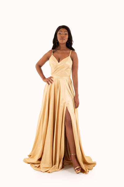 'HARPER' Pleated Sweetheart Open Back Empire | Gold