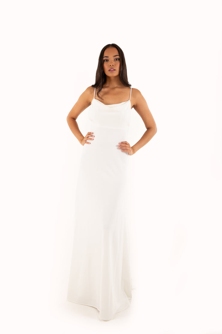 'LEAH' Jersey Cowl Neck Open Back Fitted Dress | White