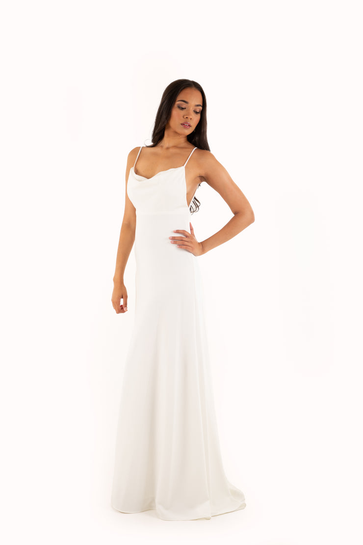 'LEAH' Jersey Cowl Neck Open Back Fitted Dress | White