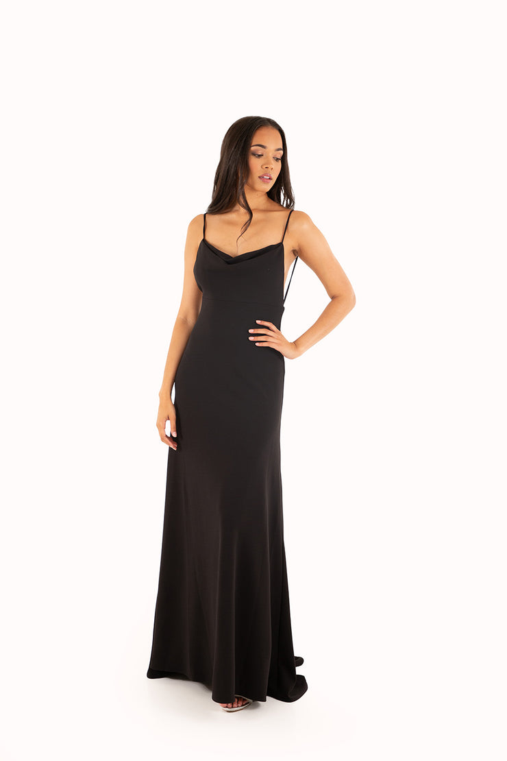 'LEAH' Jersey Cowl Neck Open Back Fitted Dress | Black