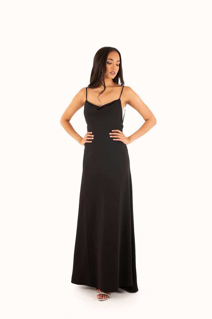 'LEAH' Jersey Cowl Neck Open Back Fitted Dress | Black