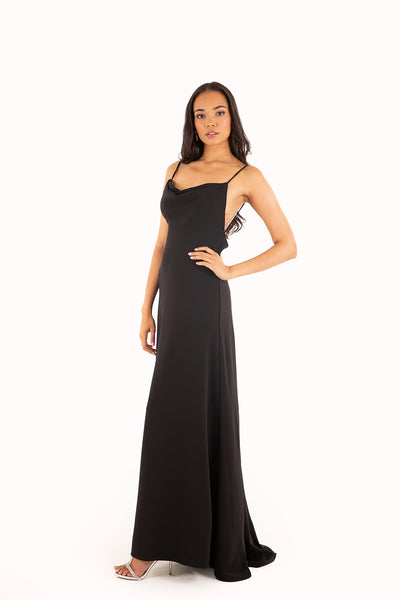 'LEAH' Jersey Cowl Neck Open Back Fitted Dress | Black