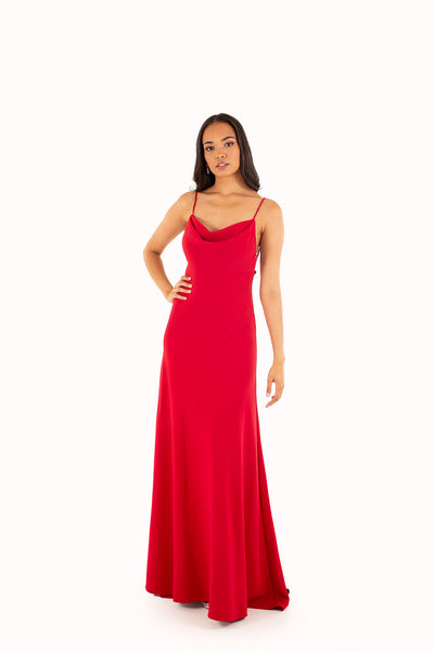 'LEAH' Jersey Cowl Neck Open Back Fitted Dress | Red