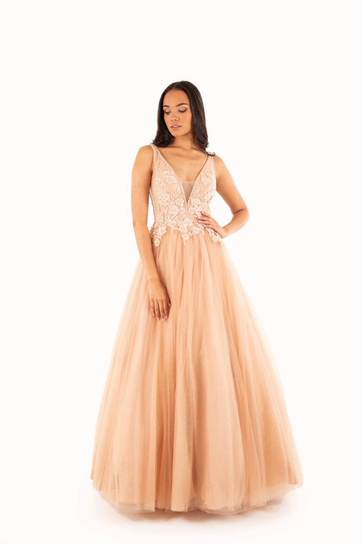 'DAUPHINE' Beaded Lace Applique Tulle Ball Gown | Dusty Nude