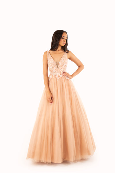'DAUPHINE' Beaded Lace Applique Tulle Ball Gown | Dusty Nude