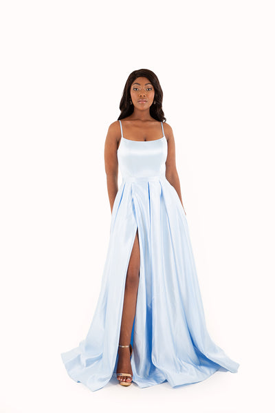 'PIPER' Round Strap Pleated Satin Empire | Baby Blue