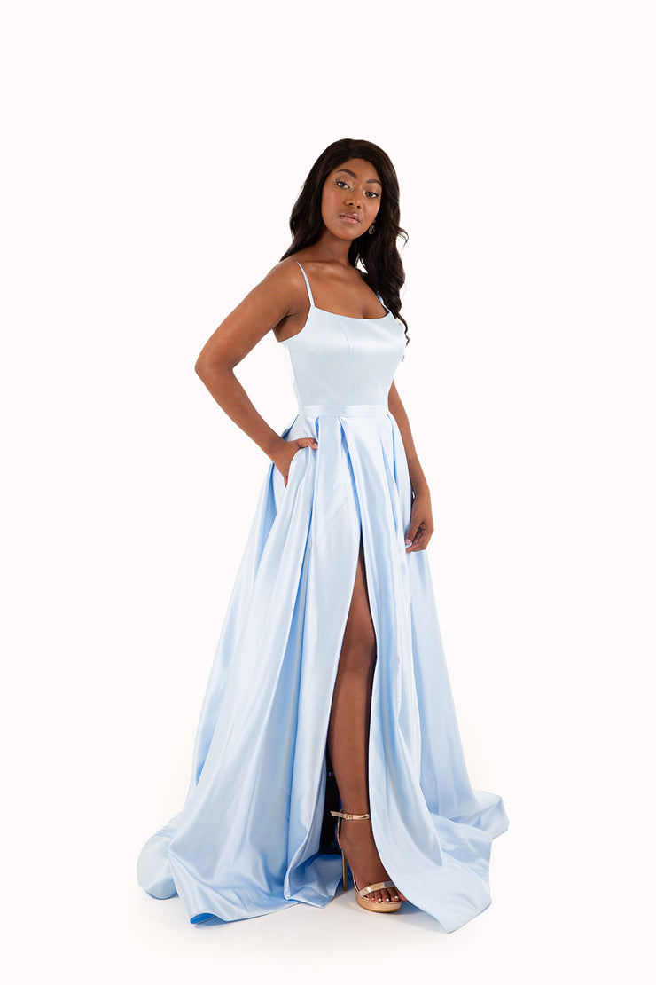 'PIPER' Round Strap Pleated Satin Empire | Baby Blue