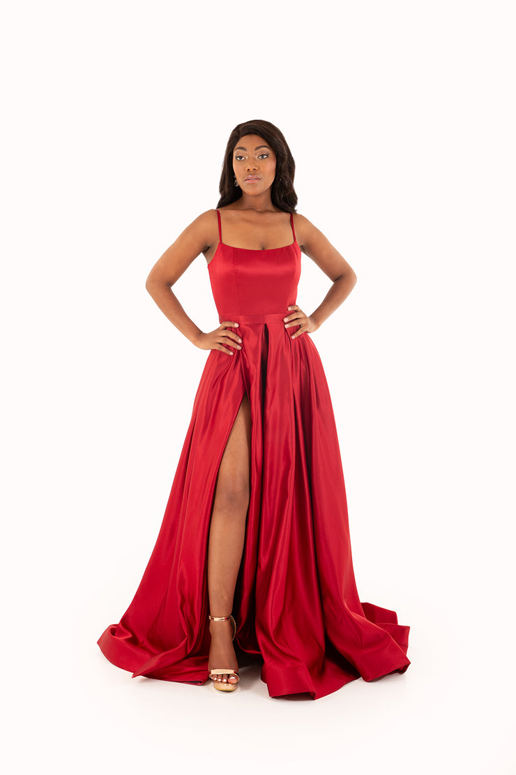 'PIPER' Round Strap Pleated Satin Empire | Deep Red