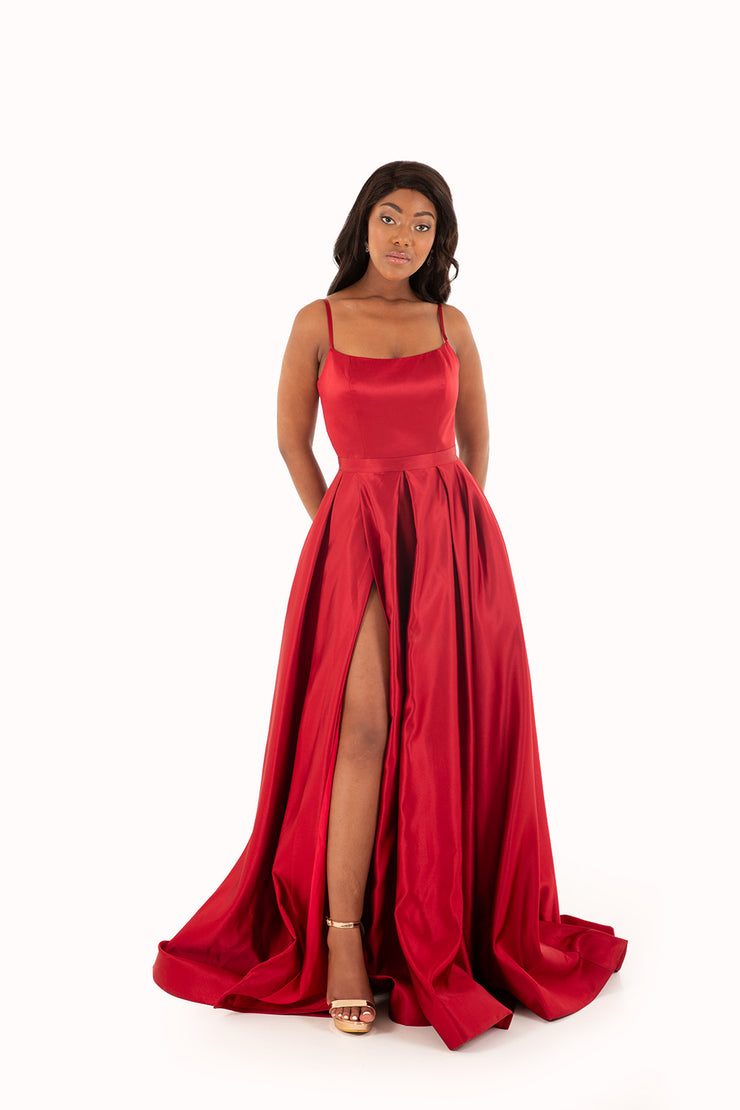 'PIPER' Round Strap Pleated Satin Empire | Deep Red