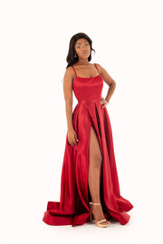 'PIPER' Round Strap Pleated Satin Empire | Deep Red