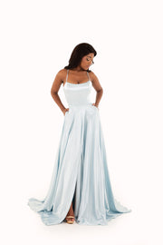 'SETHU' Strap Open Back Satin Empire with Slit | Powder Blue