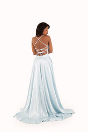 'SETHU' Strap Open Back Satin Empire with Slit | Powder Blue