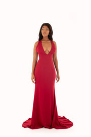 'KYLIE' Plunge Jersey Open Back Fitted Dress | Wine Red