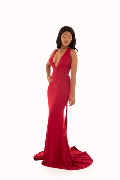 'KYLIE' Plunge Jersey Open Back Fitted Dress | Wine Red