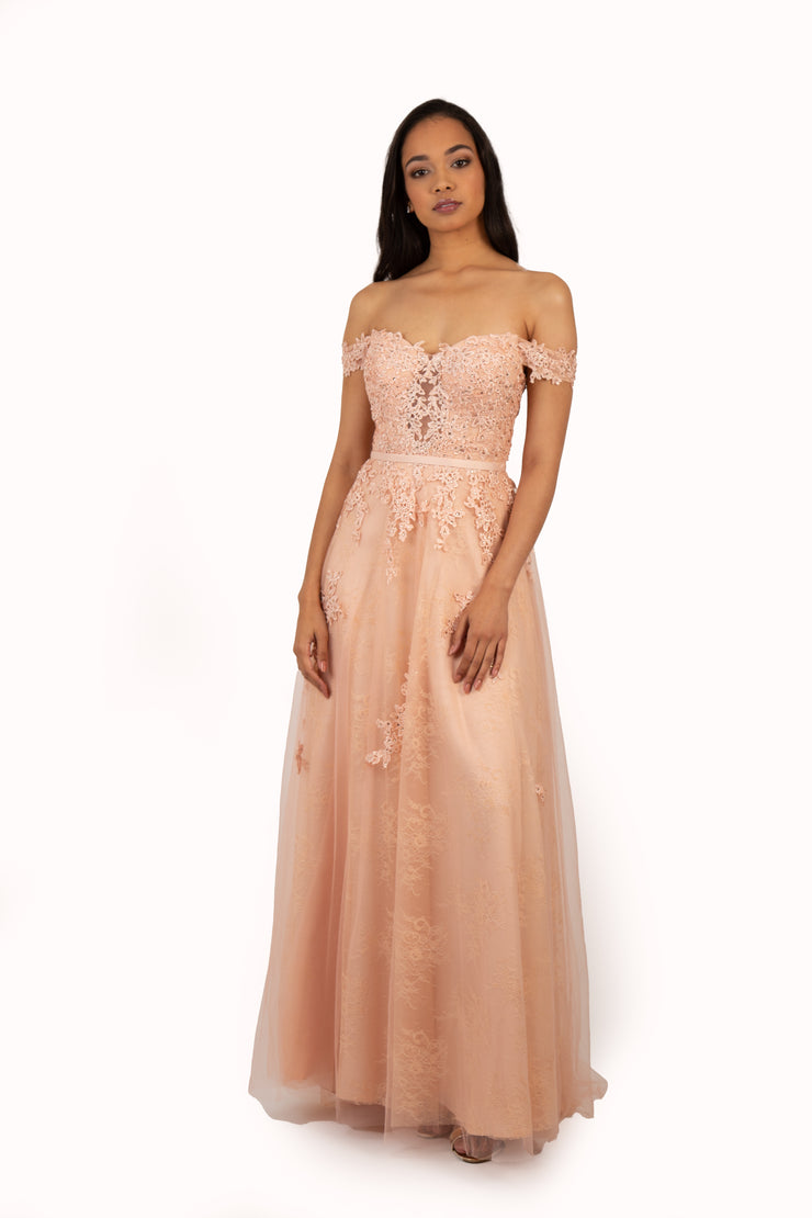 'STORM' Off Shoulder Lace Applique Tulle Empire Dress | Blush