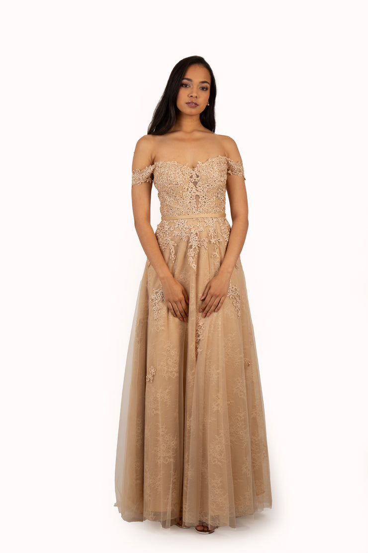 'STORM' Off Shoulder Lace Tulle Empire Dress | Antique Gold